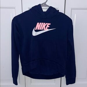 Nike Girls Dark Blue Crop Hoodie with Pink and White Logo